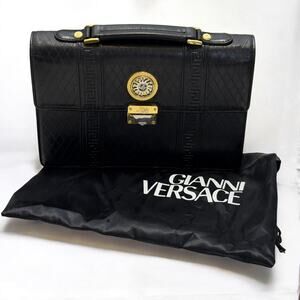 Vintage Gianni Versace Medusa Leather Briefcase Black Gold Bag Greek Key Italy